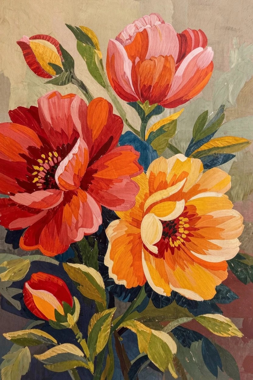 Acrylic painting of clustered red, pink, orange, and yellow flowers with buds and green leaves on a textured beige background.