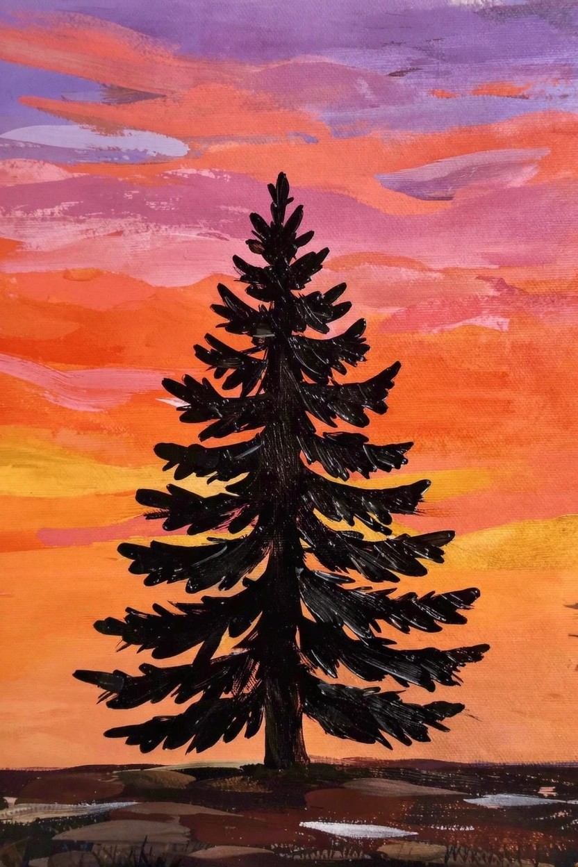 A black silhouette pine tree stands against a blended orange-to-purple sunset sky with a brown snowy ground.