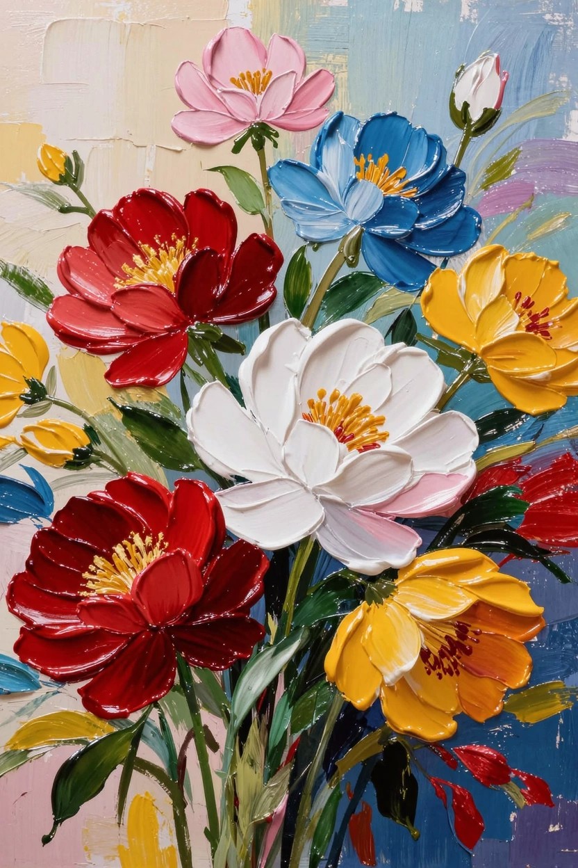 Textured acrylic painting of a vibrant bouquet with red, pink, yellow, white, and blue peonies on a blended colorful background.