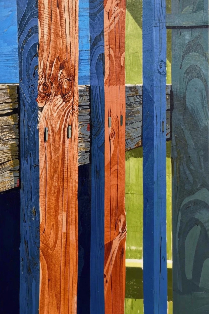 Acrylic painting of vertical weathered wooden posts in blue, orange-red, and green tones with layered textures and grain details.