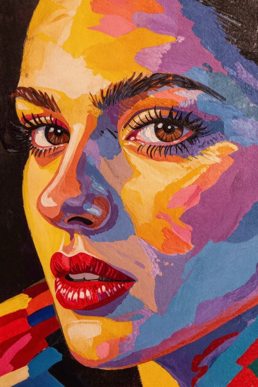 Acrylic painting of a woman's face in close-up using bold overlapping blocks of yellow, purple, blue, and red.