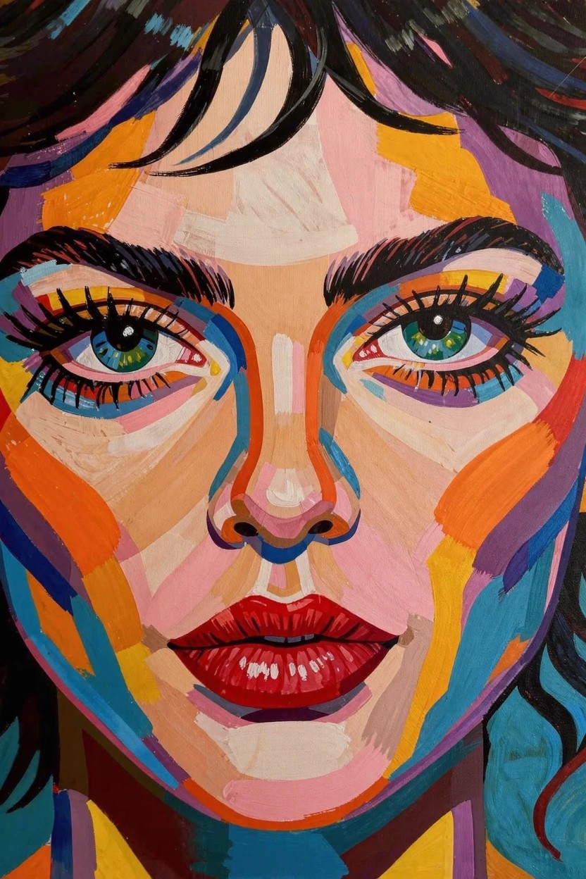 Acrylic painting of a woman's face composed of geometric color blocks in vibrant pinks, yellows, blues, and oranges with green eyes and red lips.