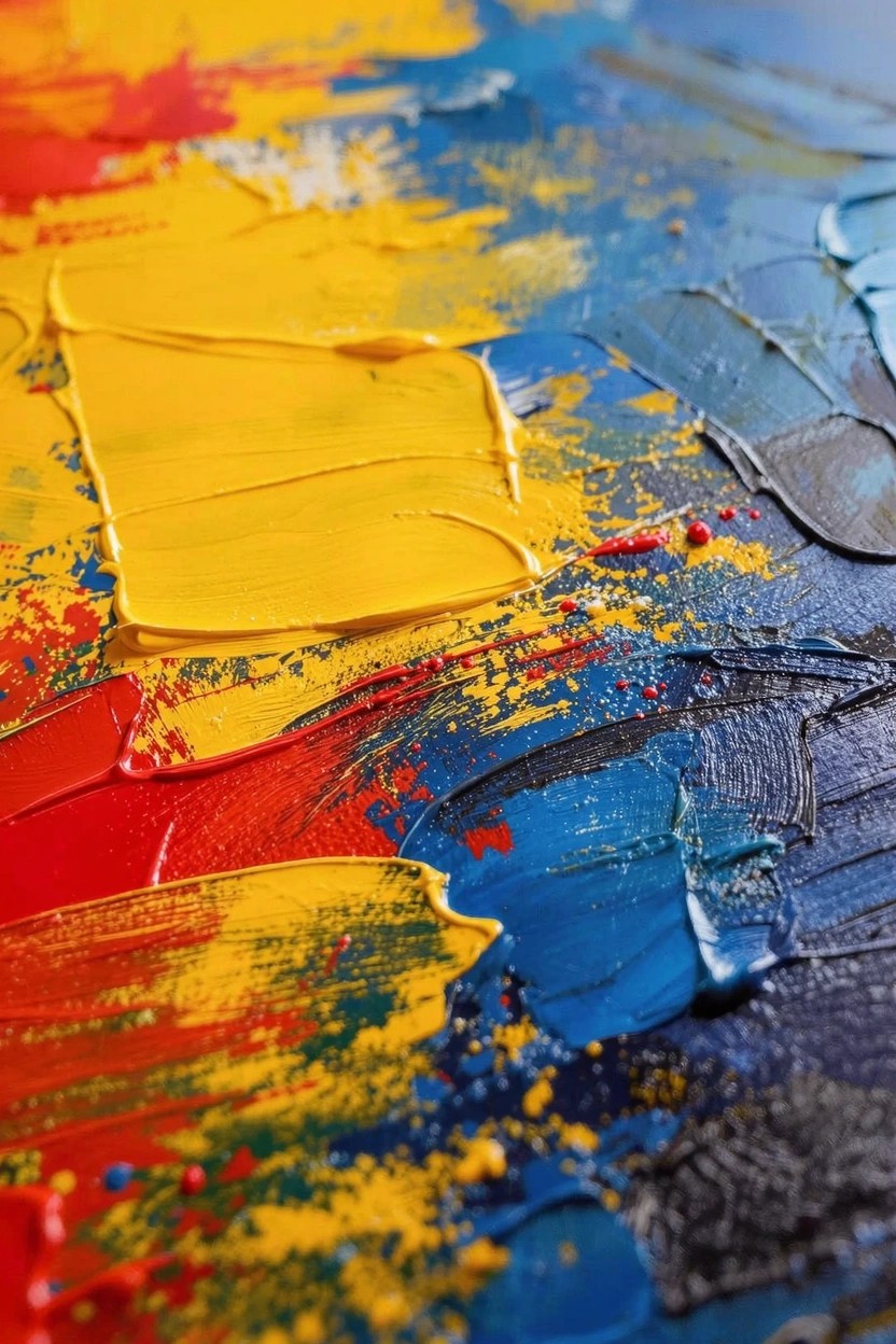 Close-up of an abstract acrylic painting with thick, textured layers of yellow, red, blue, and black paint and visible brushstrokes.