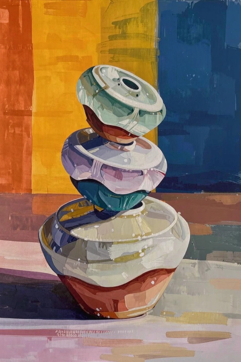 Acrylic painting of colorful stacked translucent lids on a terracotta vase against orange, yellow, and blue abstract background stripes.