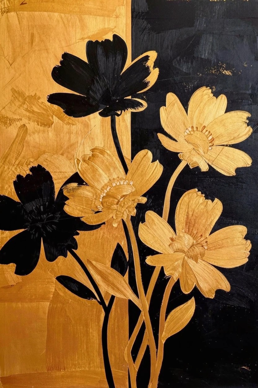Acrylic painting of stylized black and gold flowers on a split gold and black background.