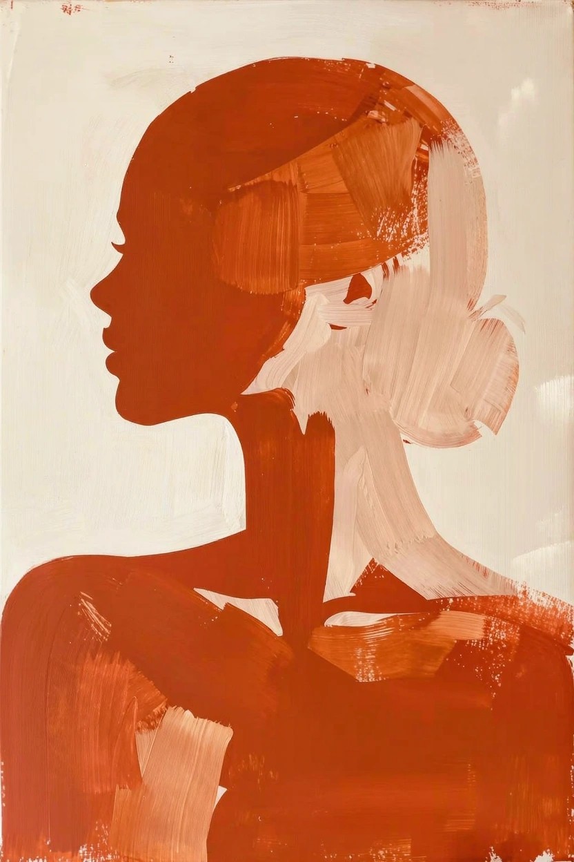 Silhouette of a woman's profile facing left with bun hairstyle painted in orange-red tones on white background.