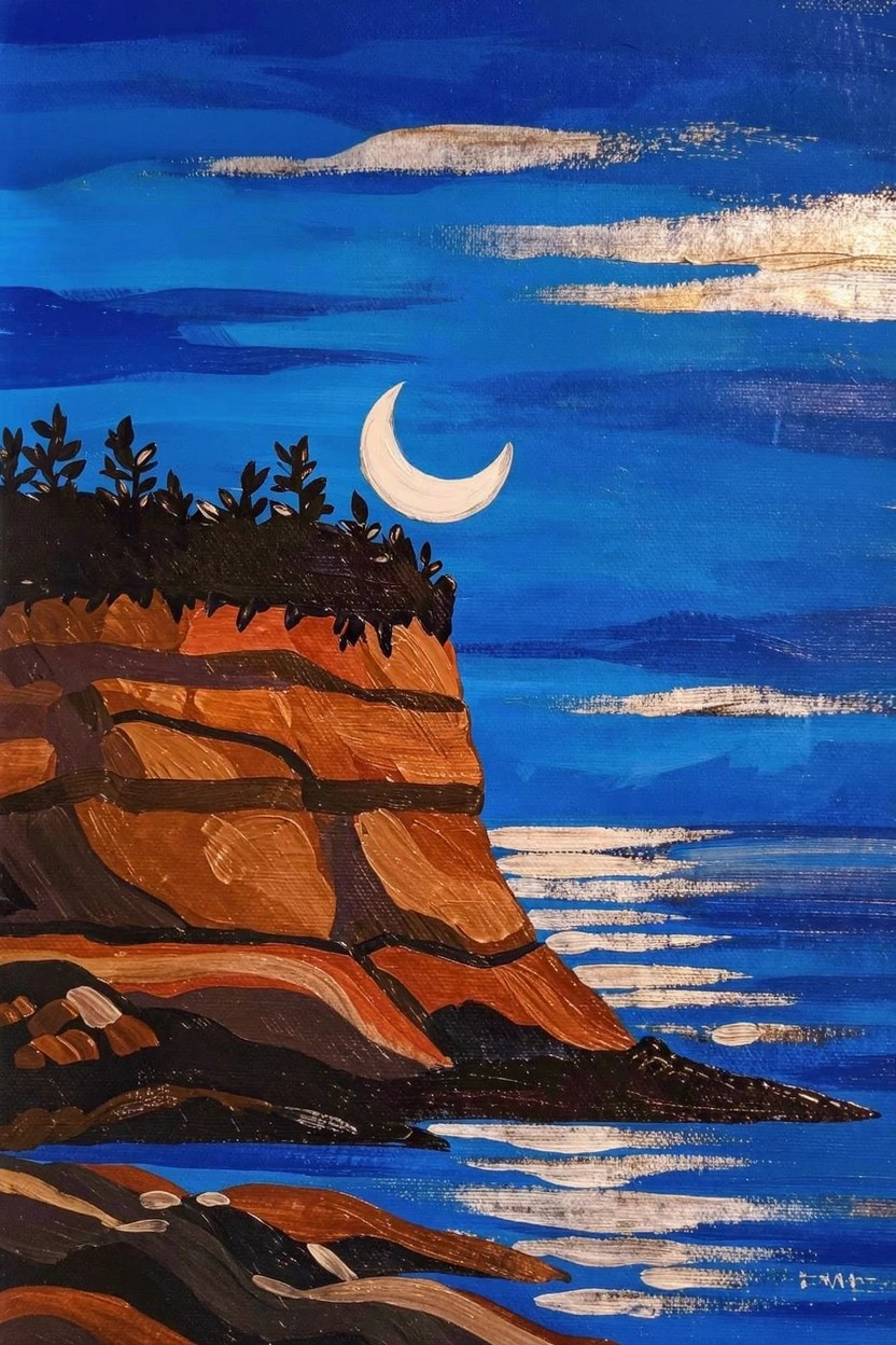 Acrylic painting of a white crescent moon above dark trees on orange layered cliffs beside a blue sea under a deep blue night sky.