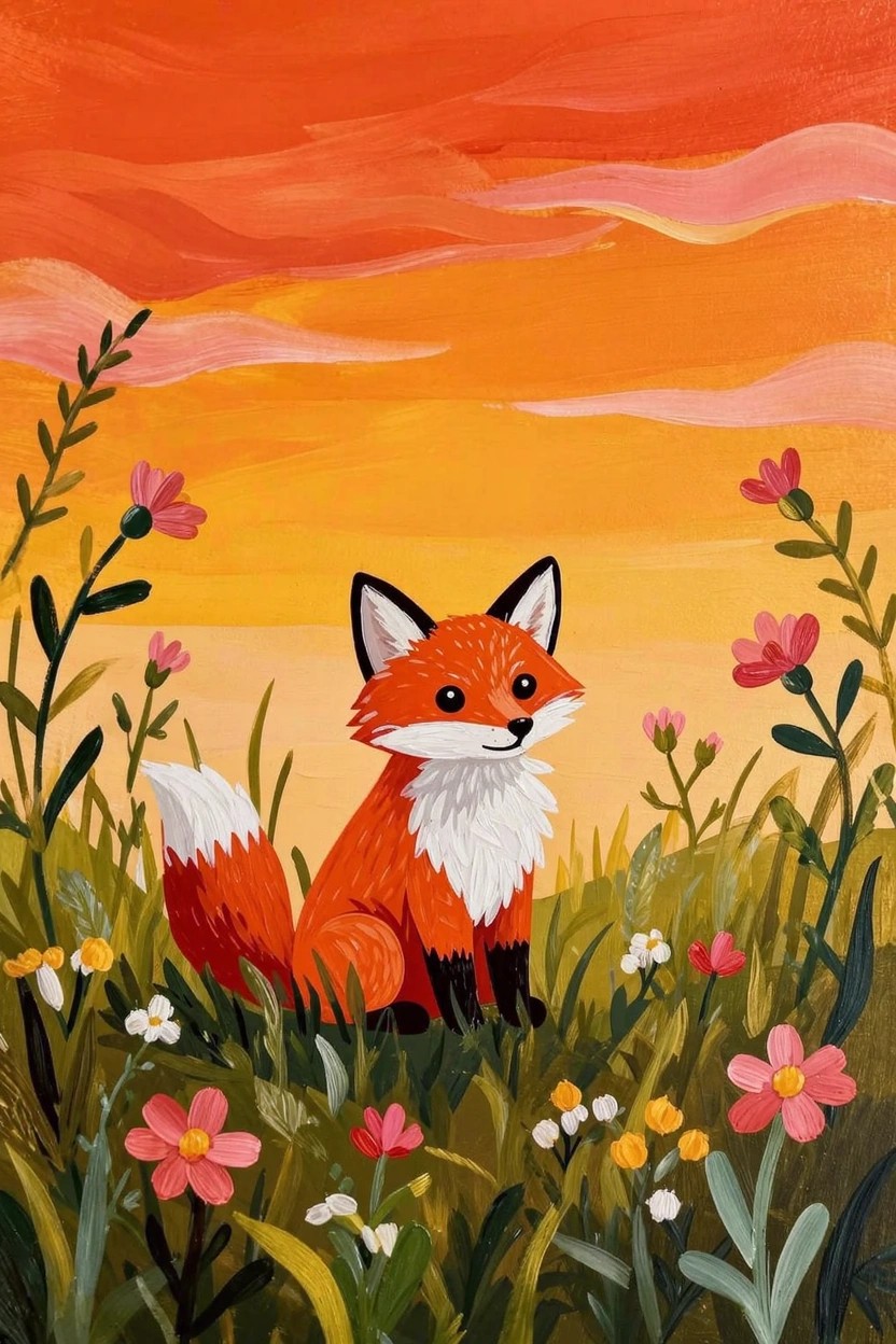 Acrylic painting of a stylized red fox with white chest sitting in green grass with pink flowers against an orange-pink sunset sky.