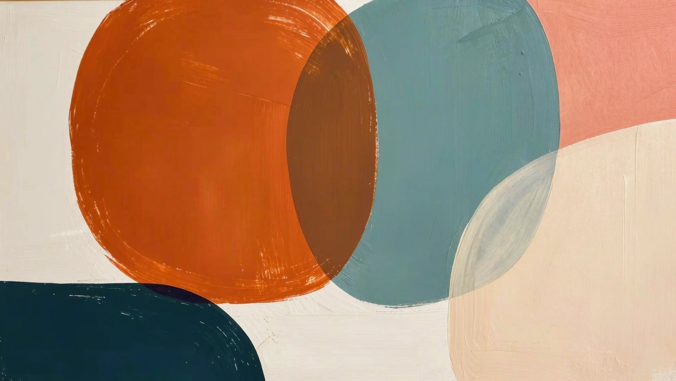 Abstract acrylic painting featuring a large curved teal shape above and overlapping a rounded orange shape on white background.