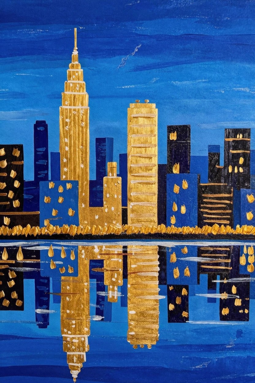 Acrylic painting of golden New York City skyscrapers including the Empire State Building at night, reflected in blue water against a dark blue sky.