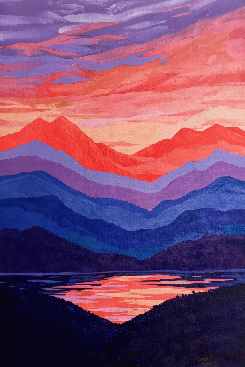 Acrylic painting of colorful layered mountains in sunset gradients from purple to red, with a reflective lake mirroring the sky in the foreground.