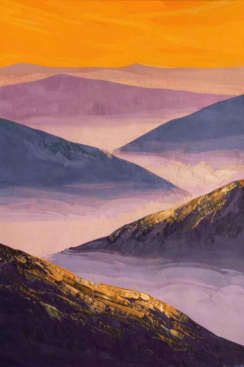Acrylic painting of layered mountains fading from orange foreground to purple background with mist and sunset sky.