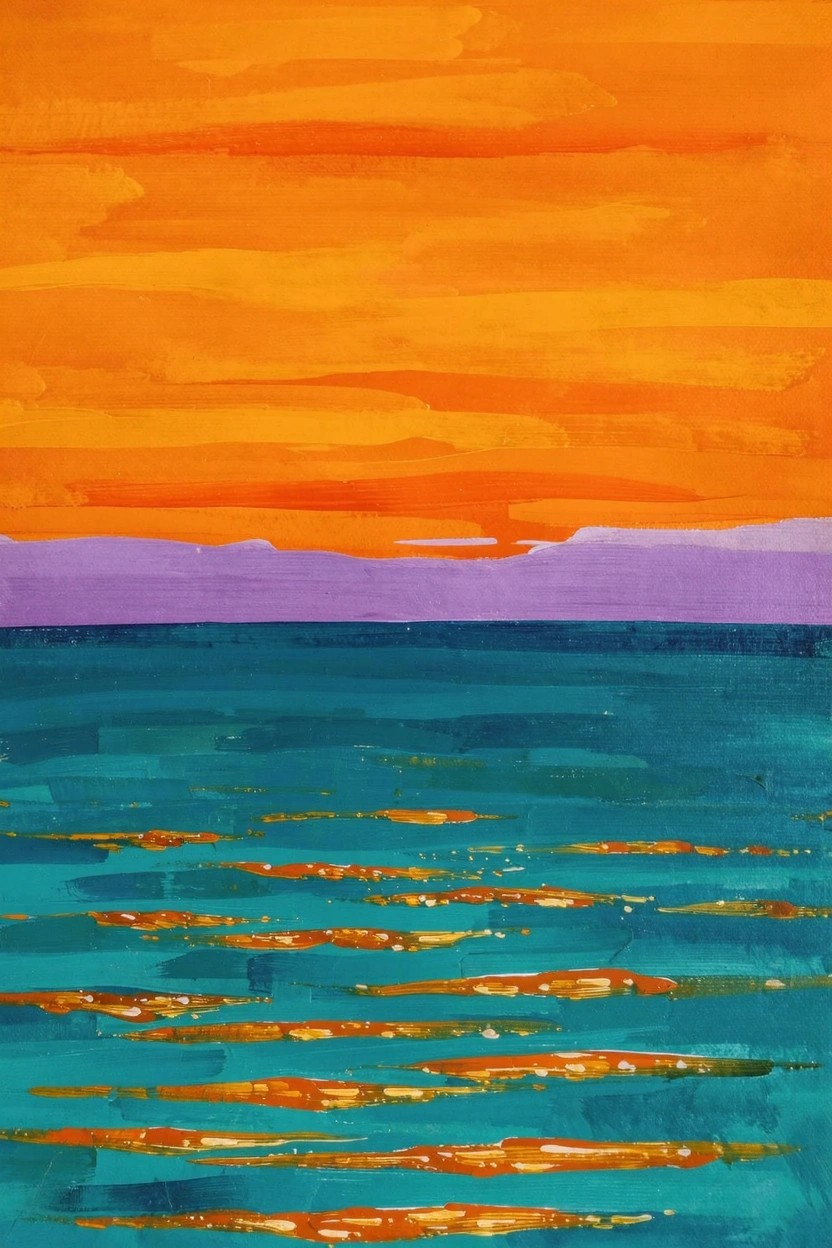 Acrylic painting of orange sky with purple horizon above teal water streaked with orange reflections.