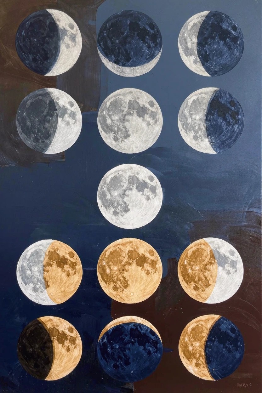 Grid of acrylic moon phases in blue, white, and gold tones against dark textured backgrounds.