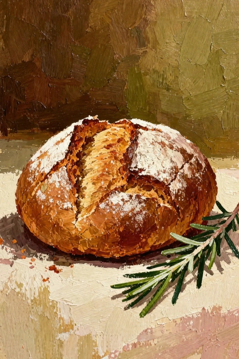 Acrylic painting of a round flour-dusted bread loaf with a split top and rosemary sprig beside it on a light surface.