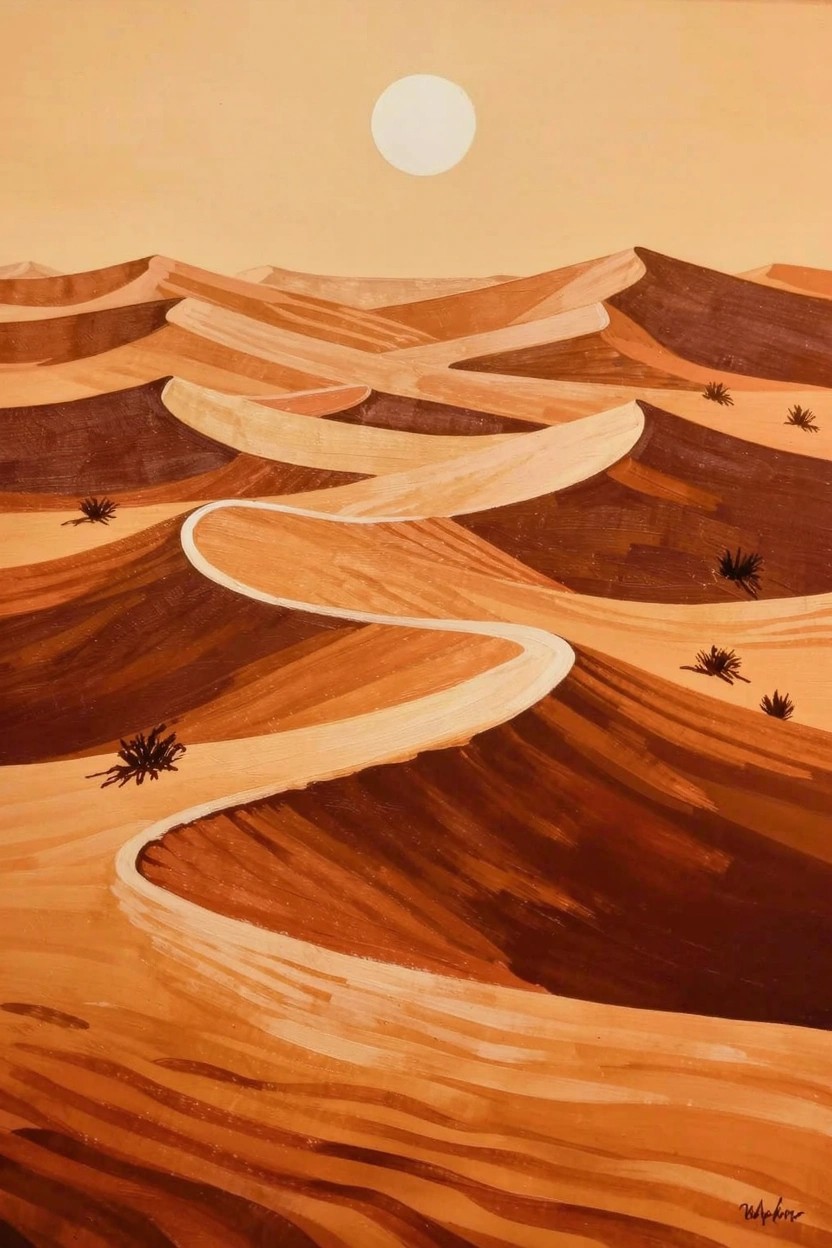 Acrylic painting of layered golden sand dunes with a winding white path, sparse plants, and a large white sun in beige skies.