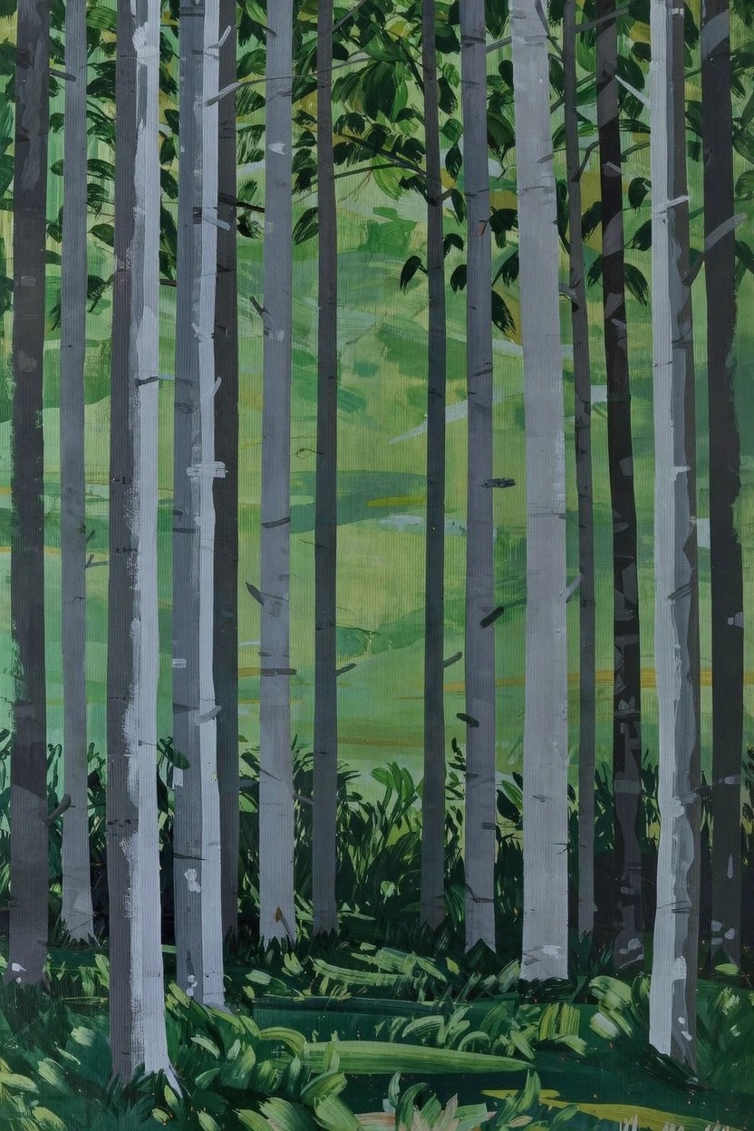 Stylized acrylic painting of white birch trees with black markings in a green forest, green grass in foreground.