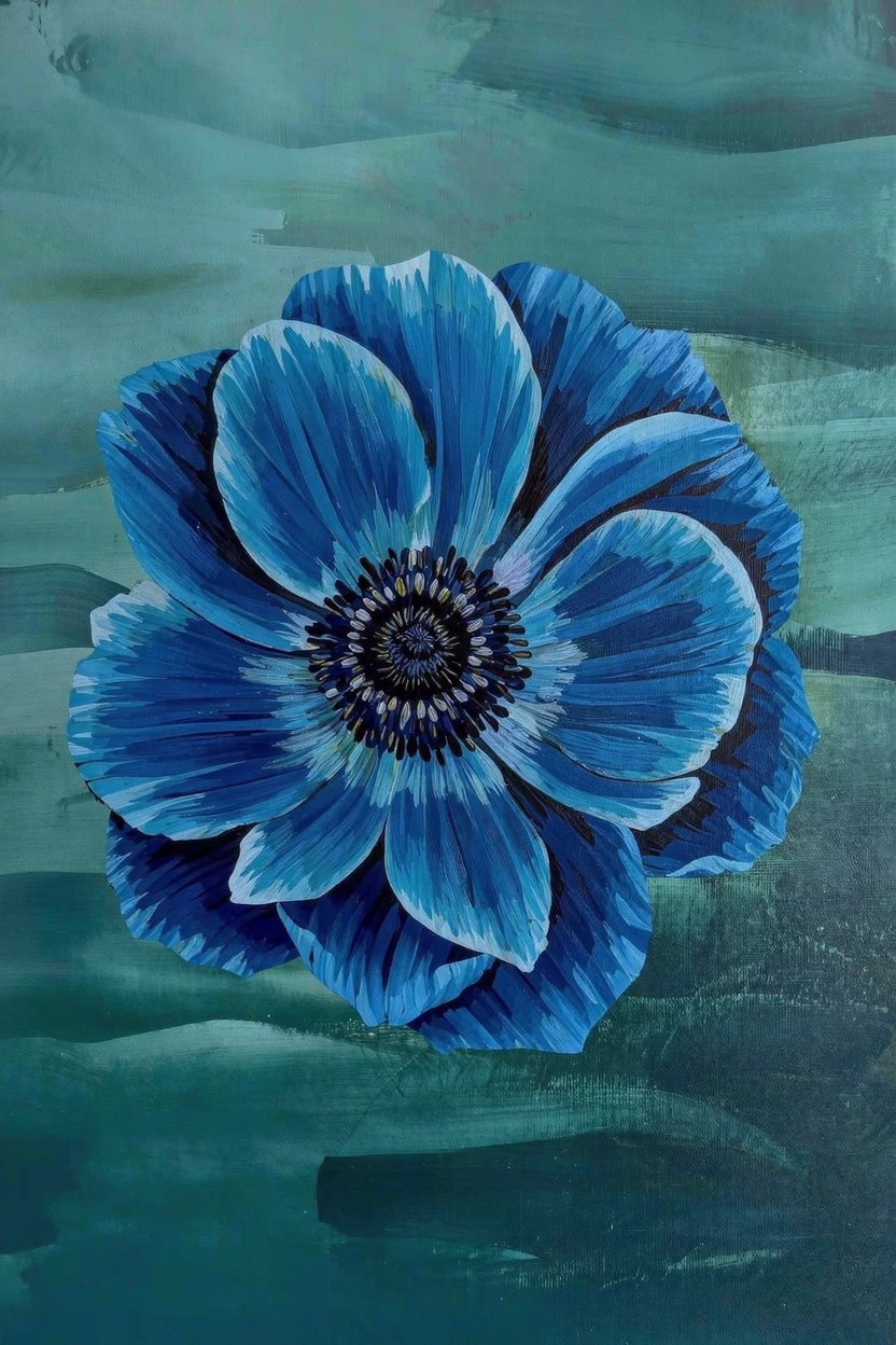 Acrylic painting of a teal blue anemone flower with layered petals and dark center on a green-teal background.