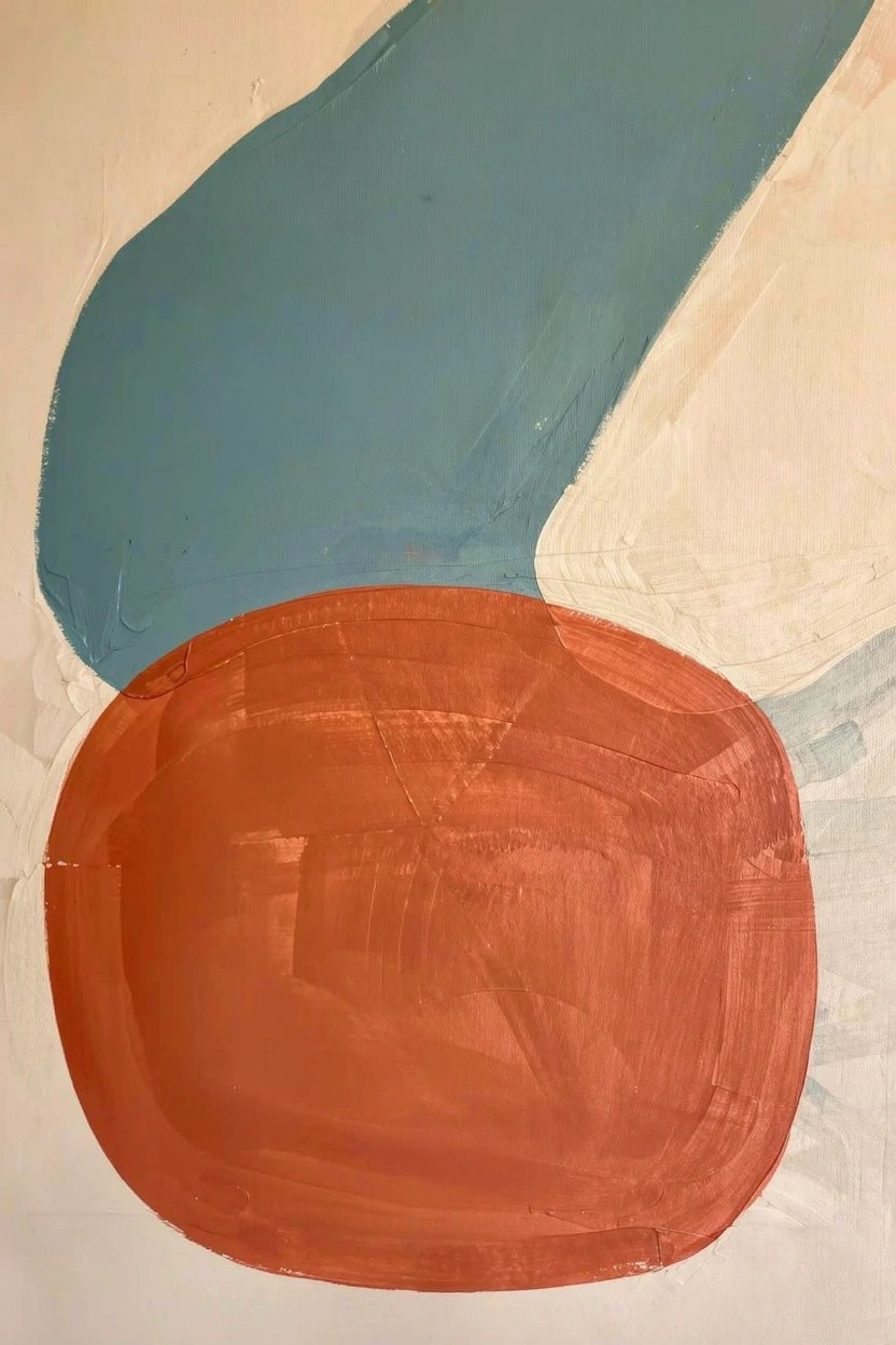 Abstract acrylic painting featuring a large curved teal shape above and overlapping a rounded orange shape on white background.