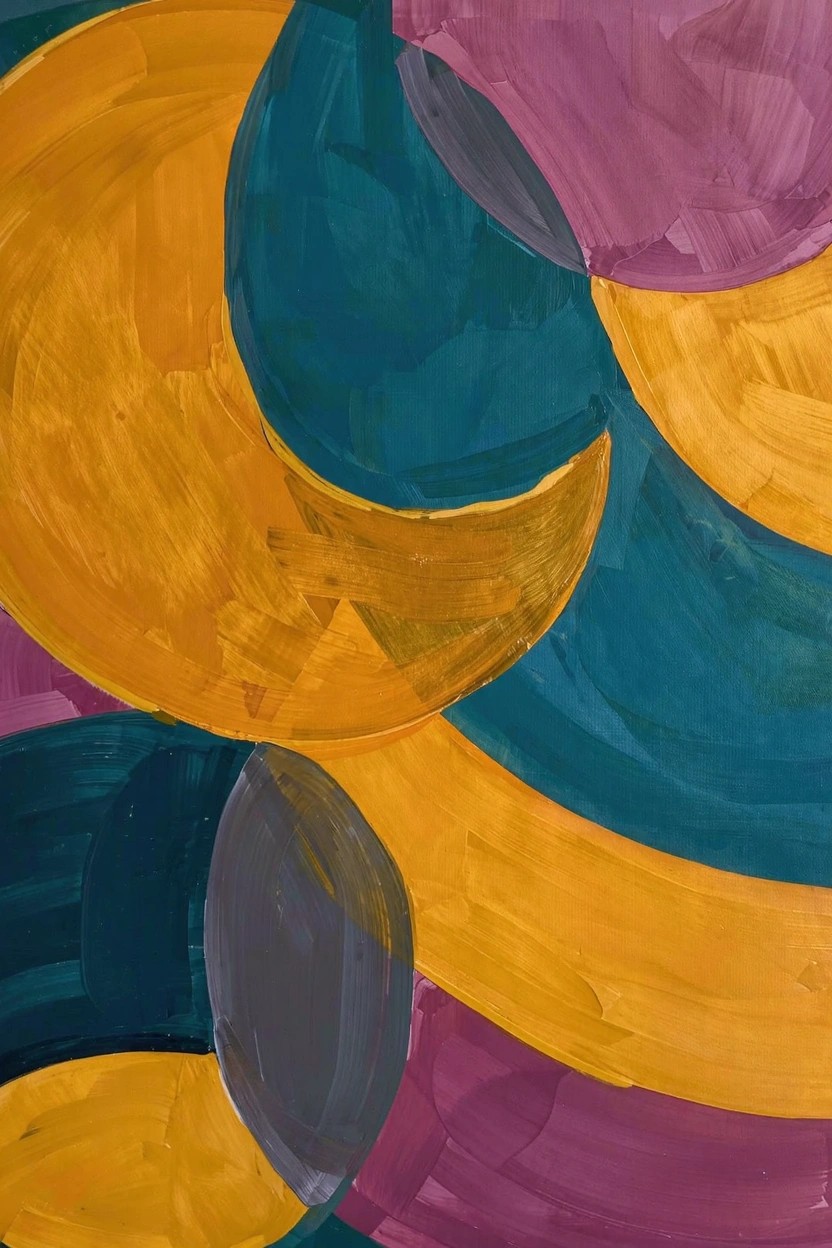 Acrylic painting featuring overlapping circular and semi-circular shapes in yellow, teal, purple, and gray tones.