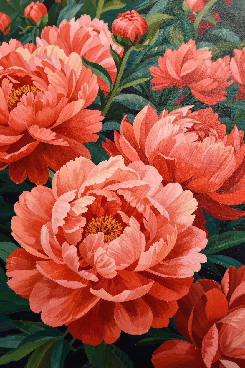 Close-up acrylic painting of overlapping pink and red peony flowers with green leaves on a dark background.