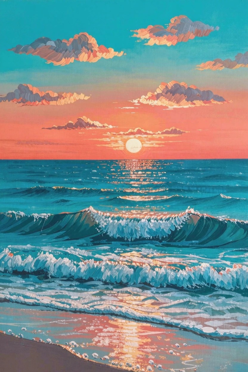 Acrylic painting of an orange-pink sunset sky over blue ocean waves crashing on a beach with fluffy clouds and sun reflection.