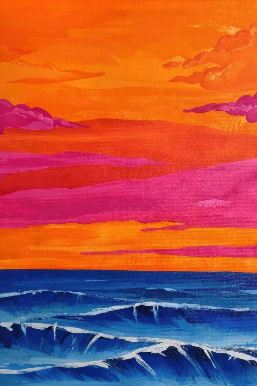 Acrylic painting of layered orange-pink sunset sky with clouds over blue ocean waves.