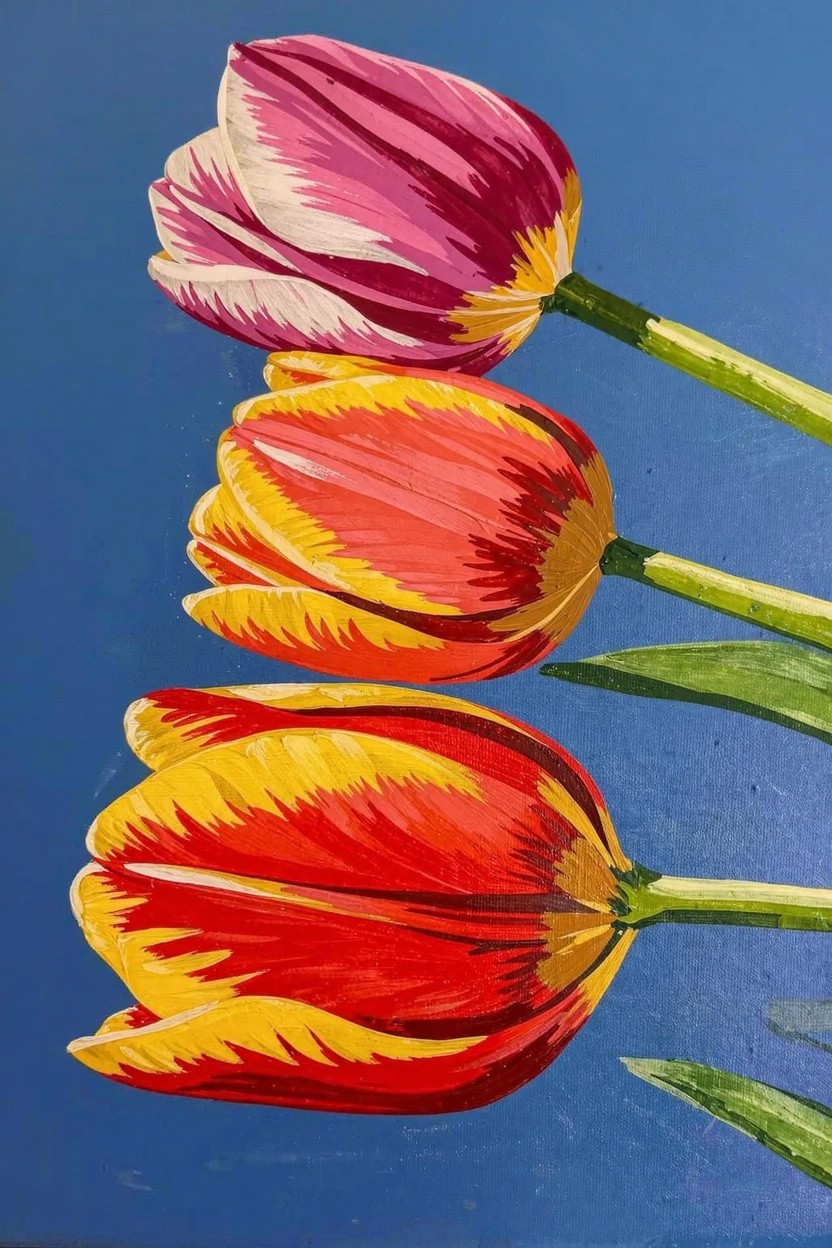 Three stylized tulips in pink and orange with green stems against a solid blue background.