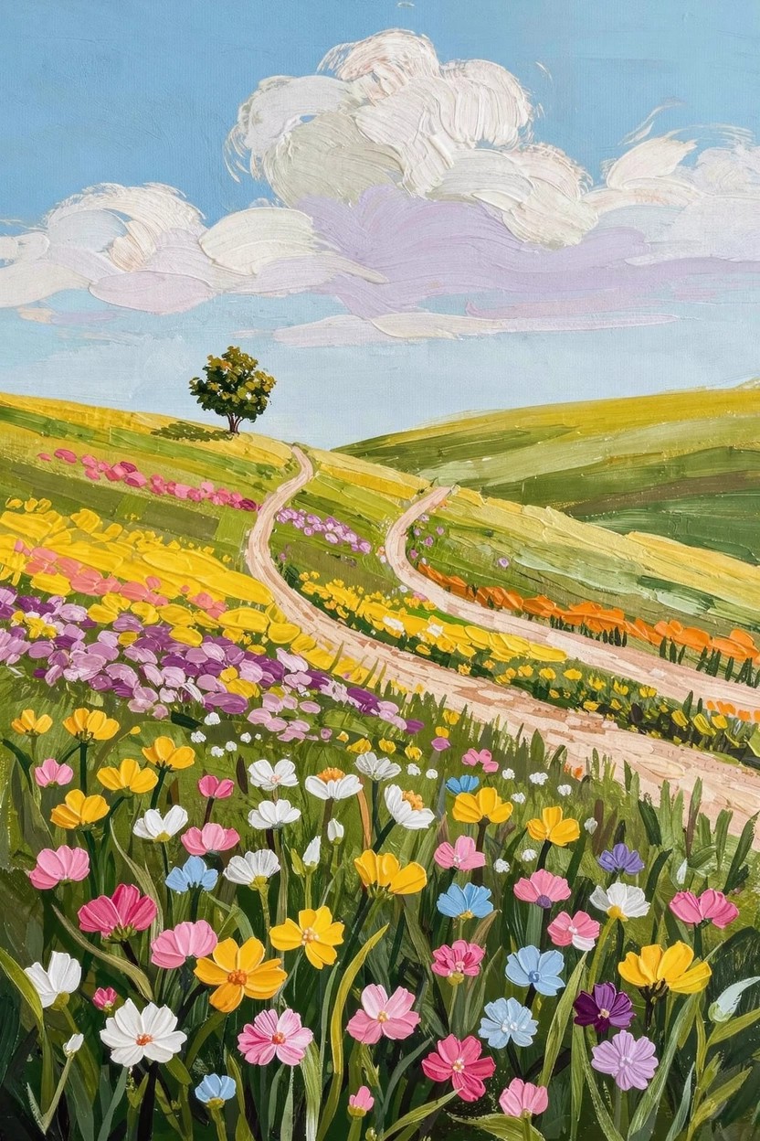 Acrylic painting of rolling hills covered in multicolored wildflowers with a winding dirt path to a single tree under a blue sky with fluffy clouds.