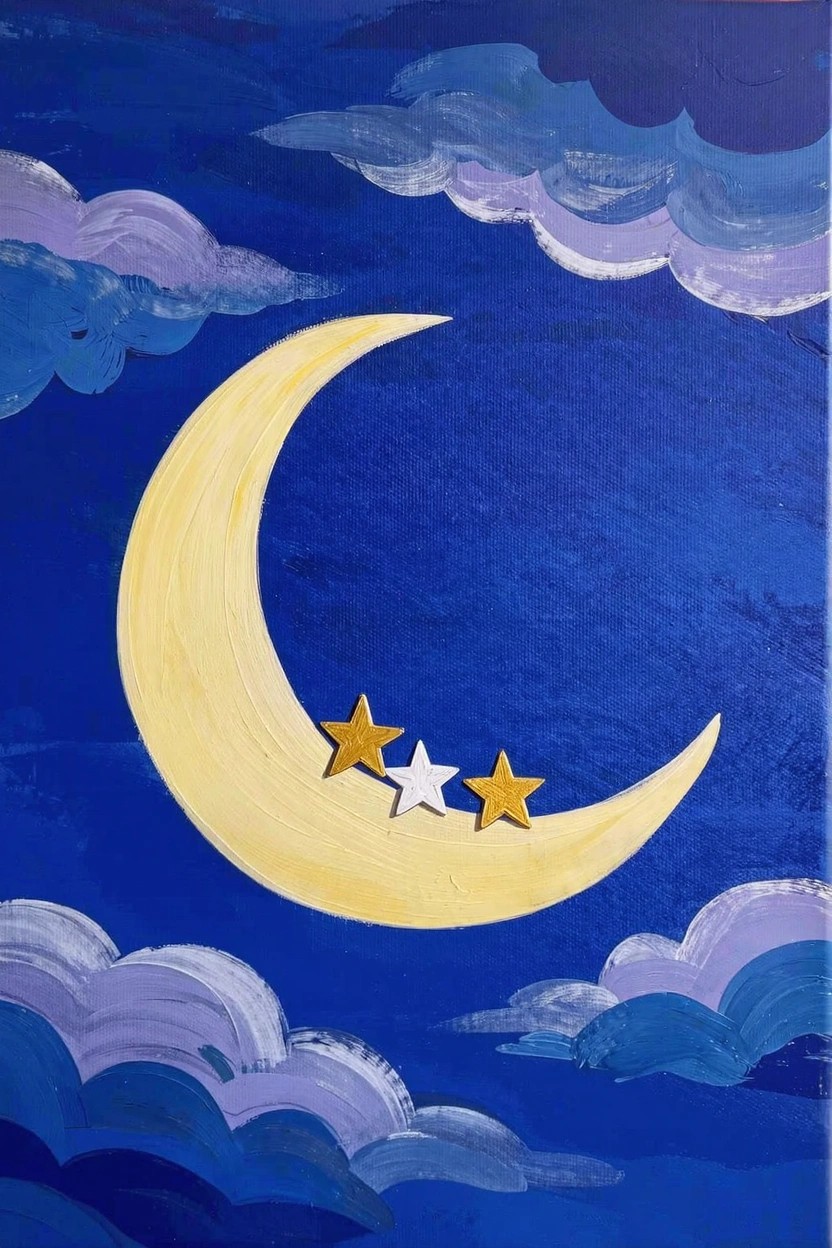 Acrylic painting of a yellow crescent moon holding three gold stars against a deep blue sky with purple and blue clouds.
