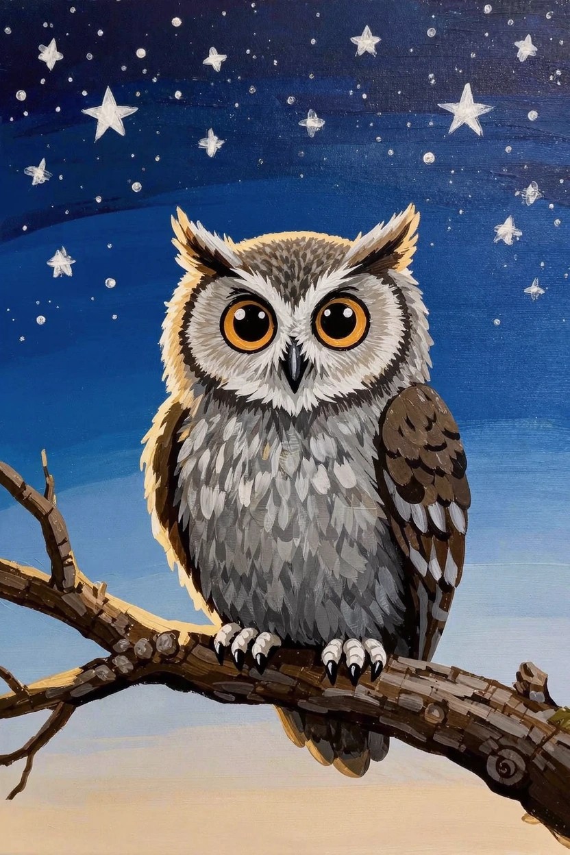 Acrylic painting of a gray owl with big yellow eyes and fluffy feathers perched on a branch against a starry blue night sky.