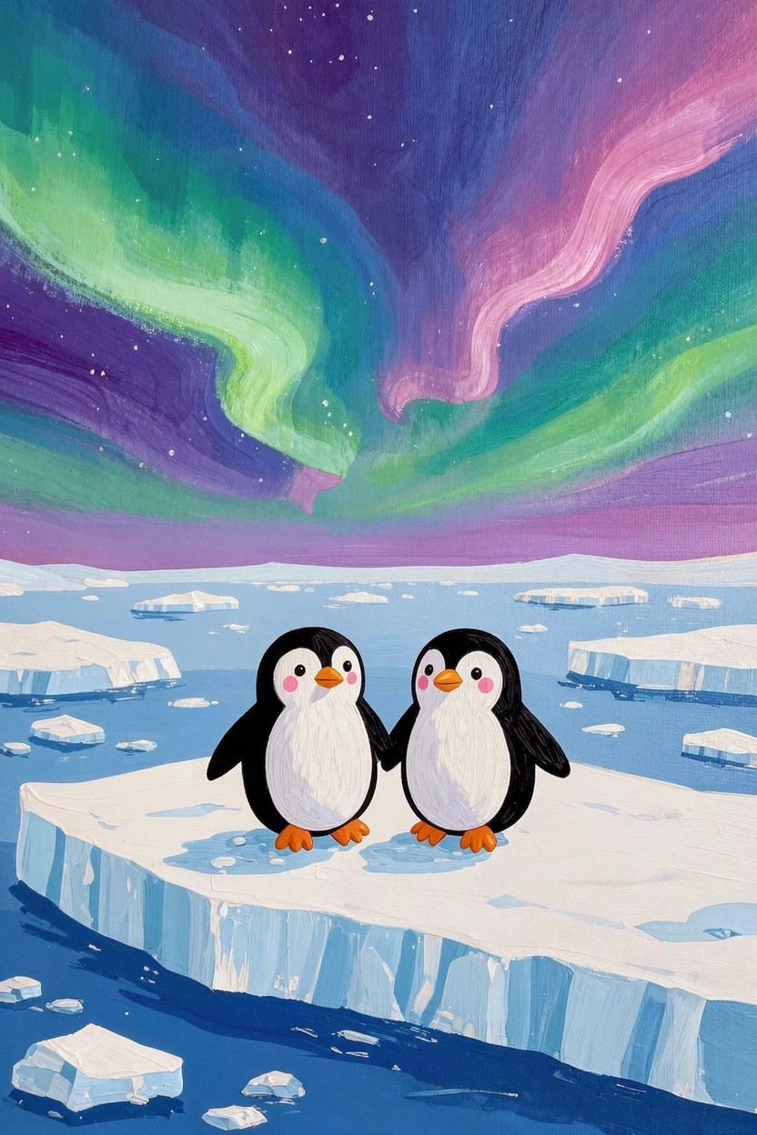 Two cute penguins holding flippers stand on blue ice under swirling pink, purple, and green northern lights with icy landscape below.