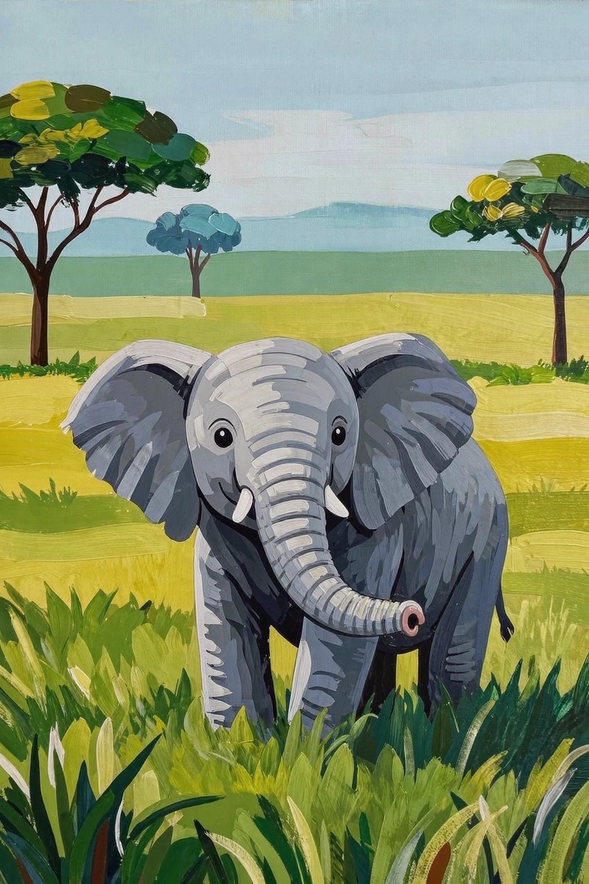 Colorful flat-style acrylic painting of a gray elephant in green grass with yellow fields, acacia trees, and blue hills in the background.