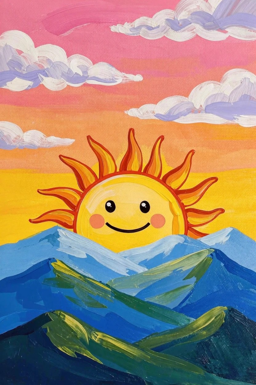 Acrylic painting of a smiling yellow sun with rosy cheeks rising over blue waves and green mountains beneath a pink-orange sunset sky with white clouds.