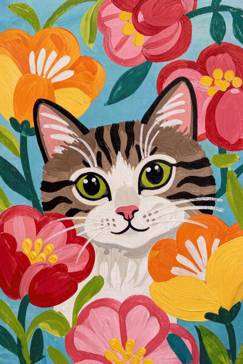Acrylic painting of a tabby cat face with green eyes and white muzzle surrounded by vibrant red, pink, orange, and yellow flowers on a blue background.