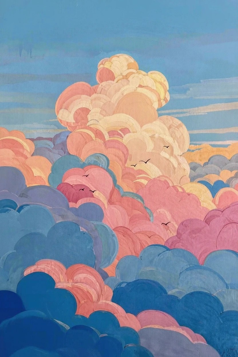 Acrylic painting of stacked fluffy clouds in shades of blue, pink, orange, and purple against a blue sky with tiny birds flying.