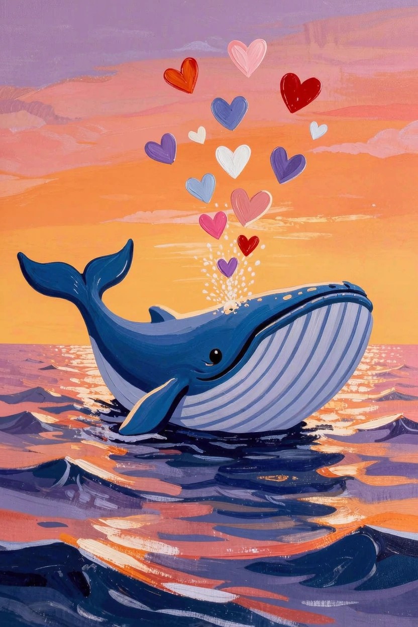 Blue humpback whale on sunset ocean spouts colorful hearts into gradient sky.