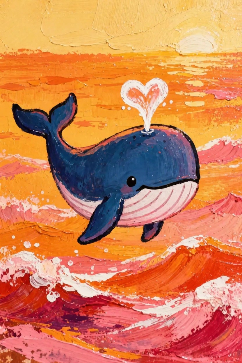 A cute navy blue whale with white accents and a pink heart-shaped water spout swims amid orange and pink sunset waves on a yellow horizon.