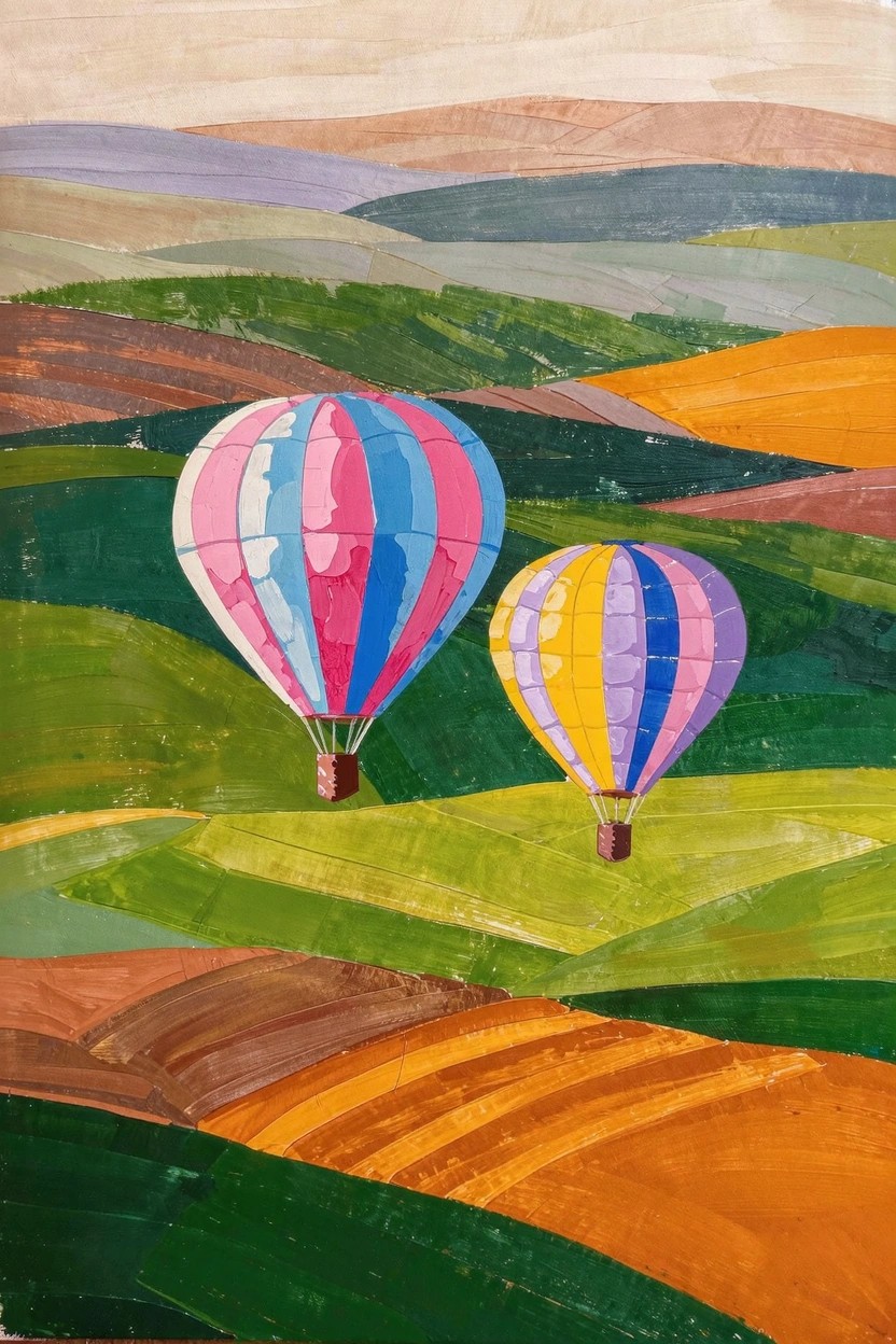 Acrylic painting of two striped hot air balloons, one pink and blue and one yellow and purple, floating over rolling multicolored hills under a beige sky.