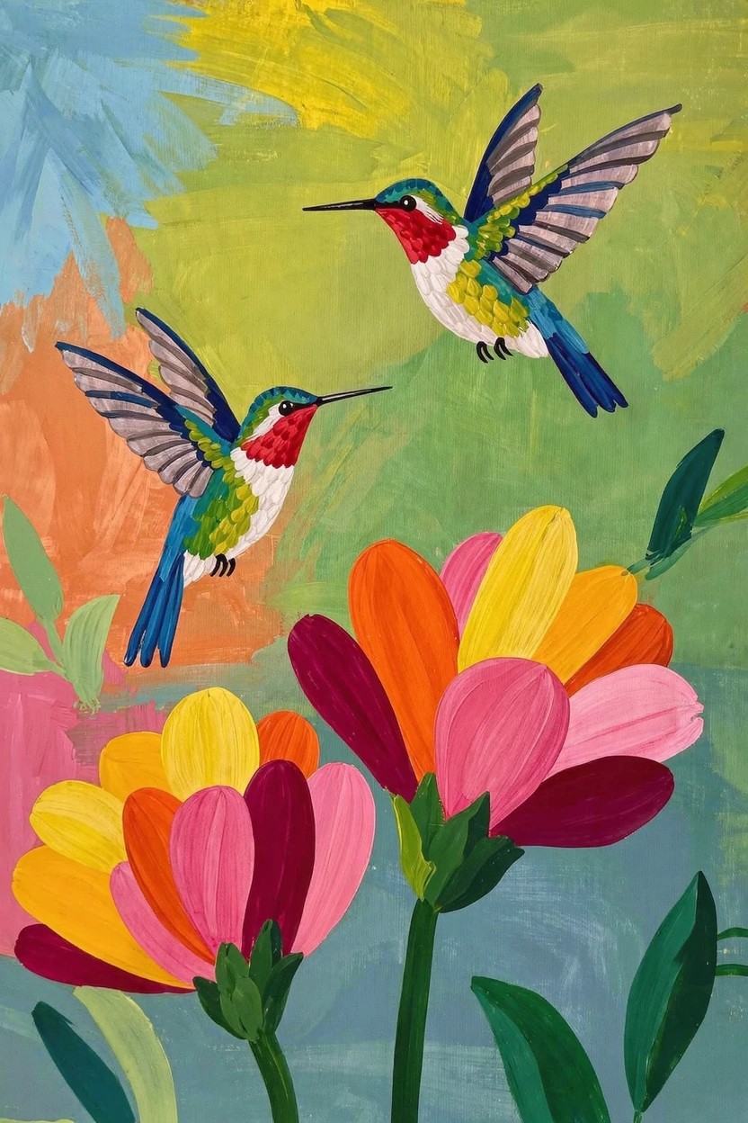 Acrylic painting of two colorful hummingbirds flying near large pink, orange, and yellow flowers on a green background.