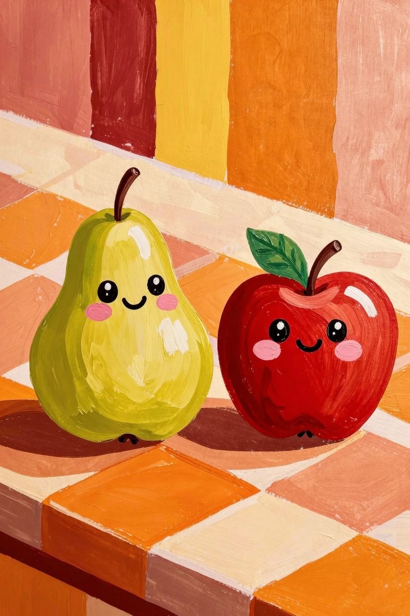 Acrylic painting of a cute smiling green pear and red apple on a checkered orange floor with colorful striped walls.