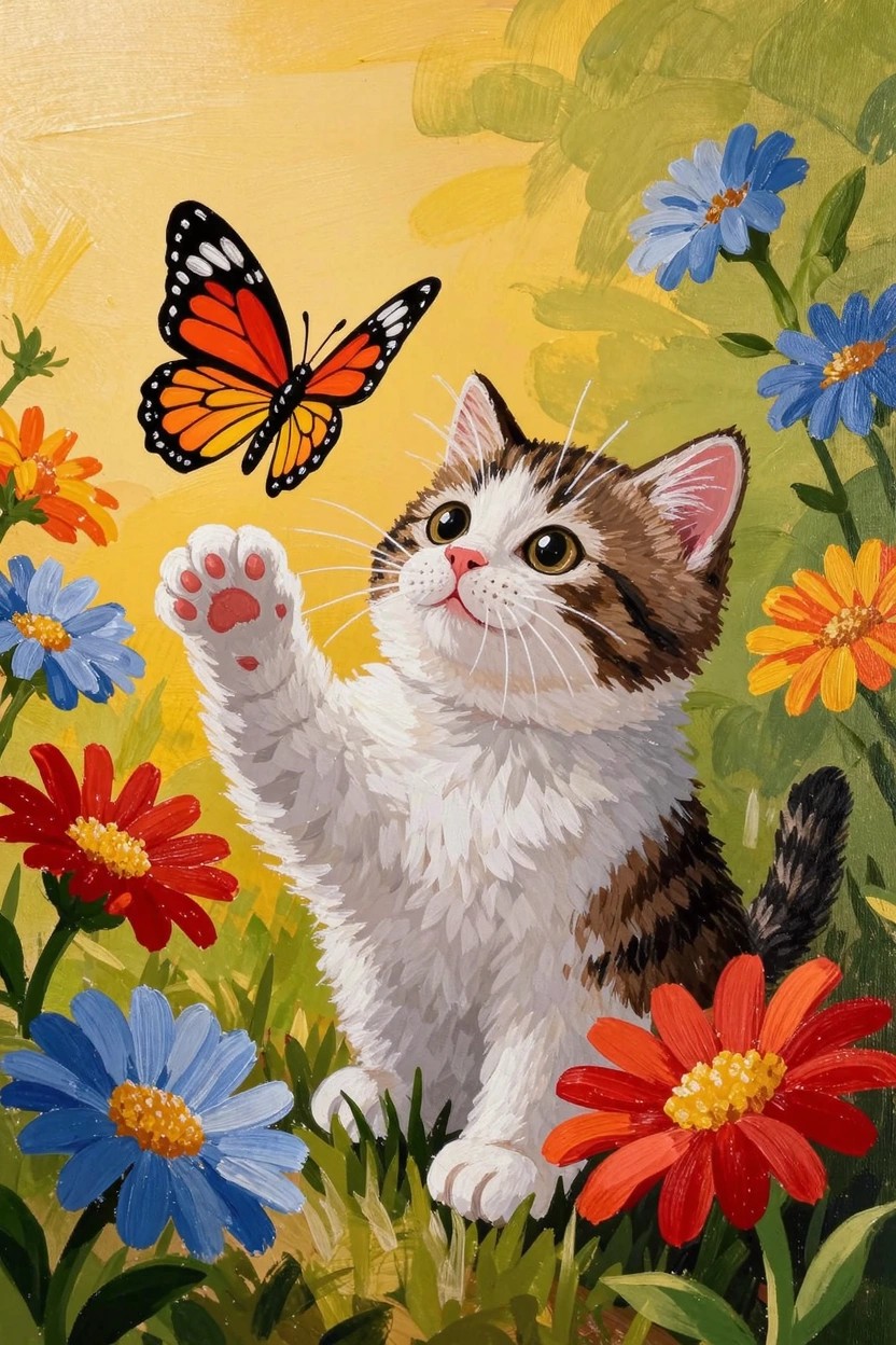 Acrylic painting of a white tabby kitten reaching up at an orange monarch butterfly surrounded by colorful daisies on a green-yellow background.