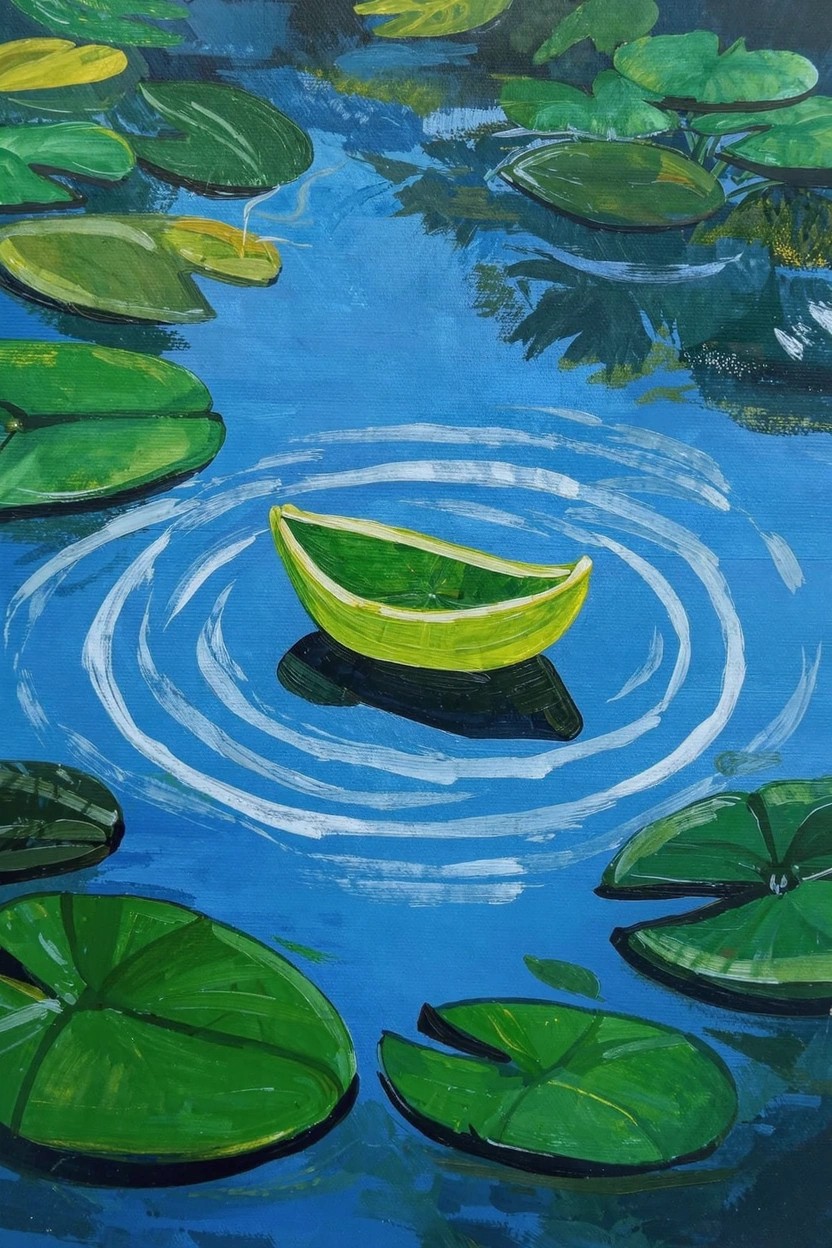 Acrylic painting of a green lime slice shaped like a boat floating in blue water with ripples and surrounded by green lily pads.