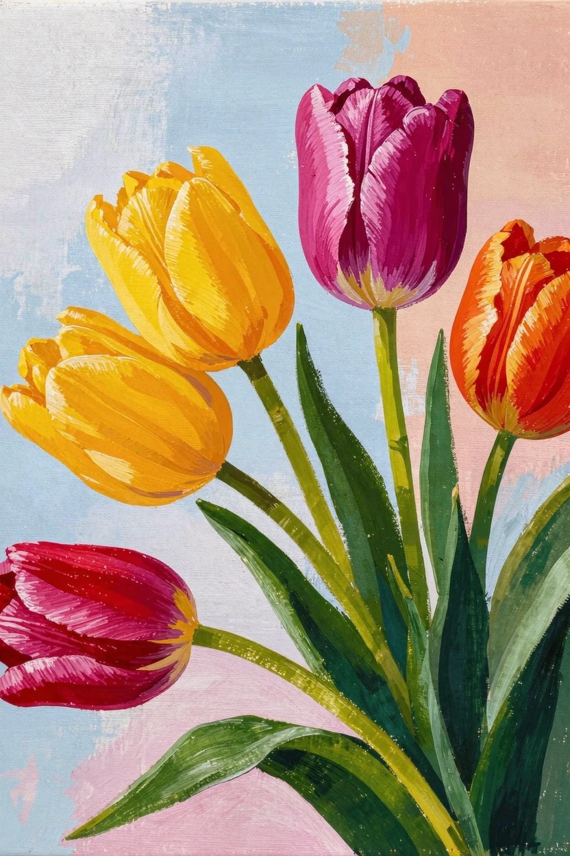 Acrylic painting of yellow, orange, purple, and red tulips clustered with green stems and leaves on a blue-pink background.