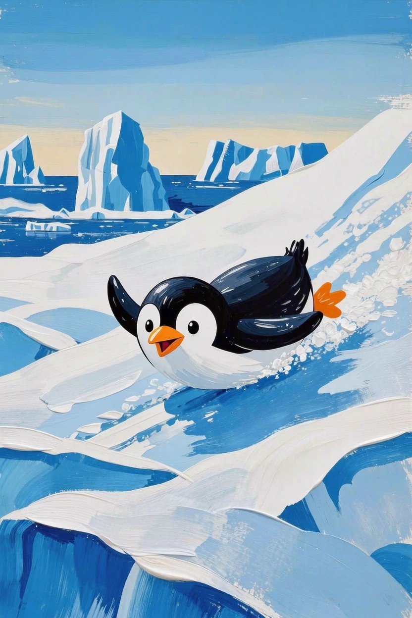 Cartoonish black penguin with orange beak and feet slides belly-first down a white snowy slope surrounded by blue sky and icebergs.