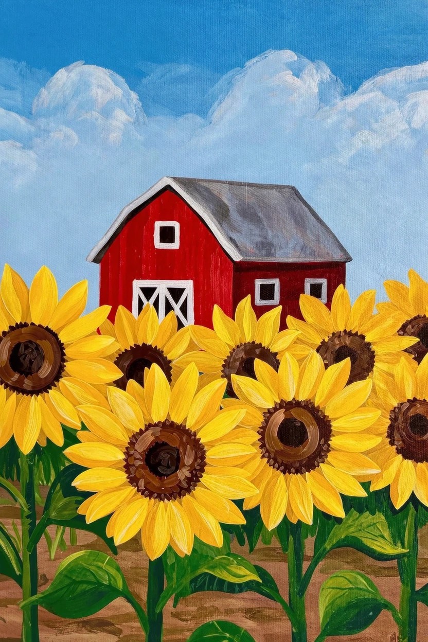 Acrylic painting of a red barn in a sunflower field under a blue sky with clouds.