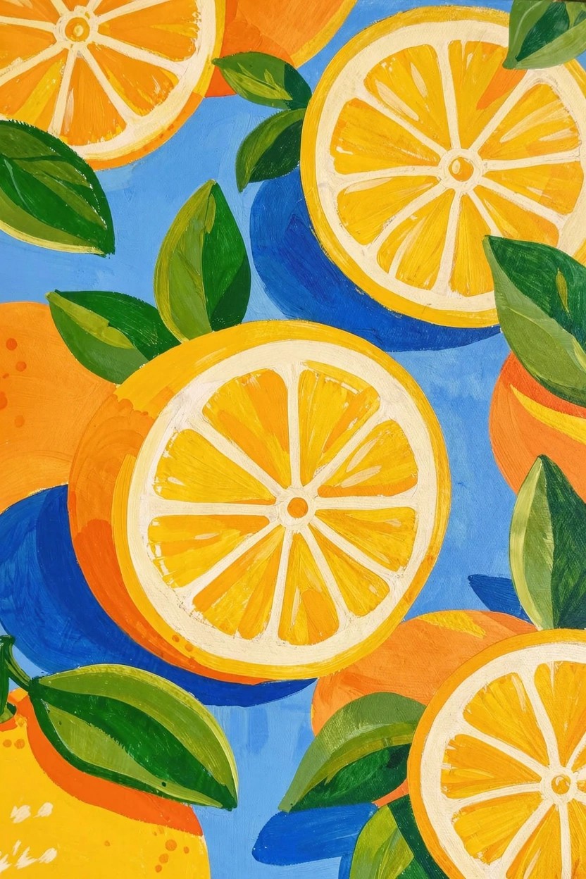 Acrylic painting of sliced oranges, lemons, and green leaves arranged on a blue background.