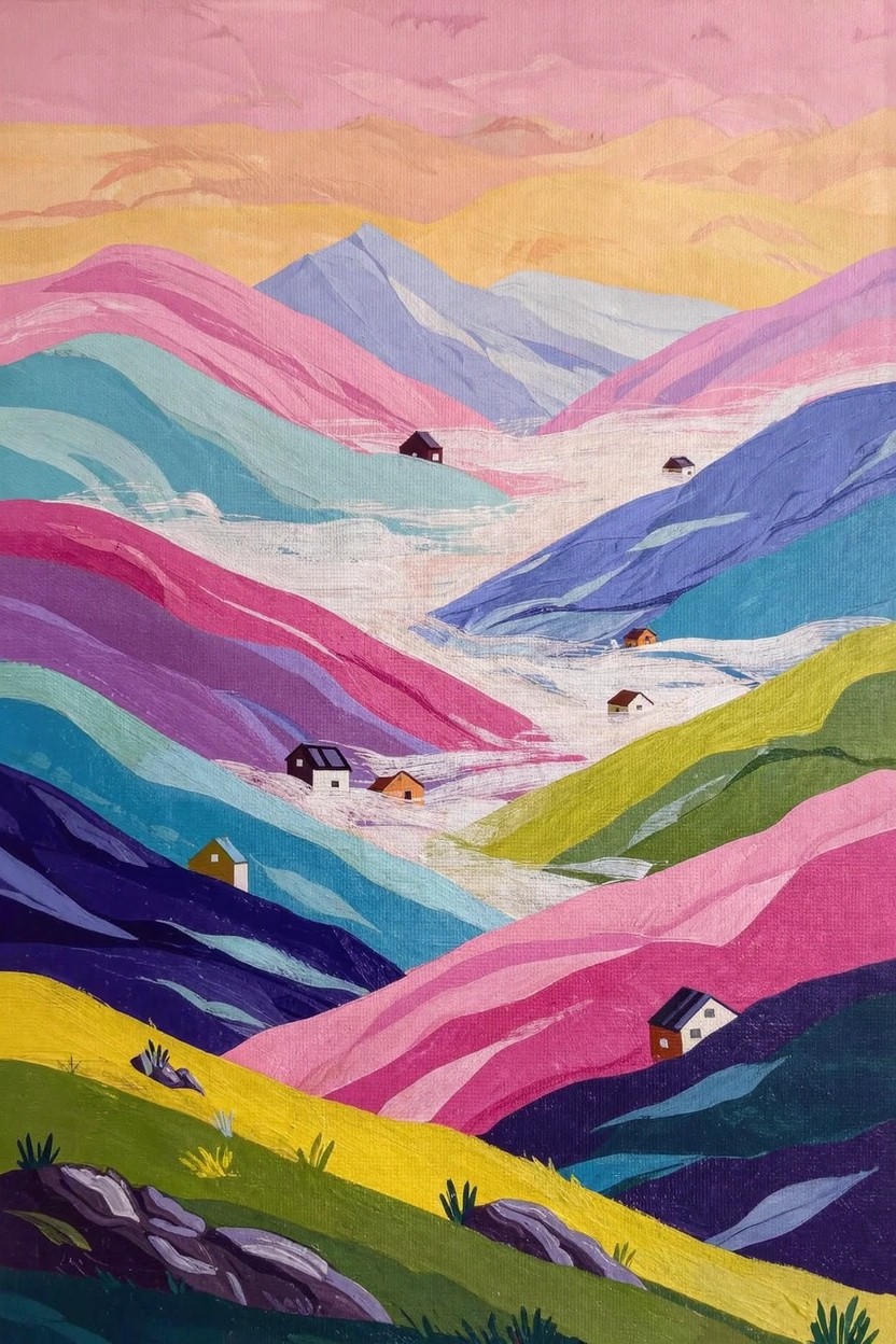 Vibrant acrylic landscape of stacked colorful mountains and hills with tiny houses in a valley under a pink-orange sky.