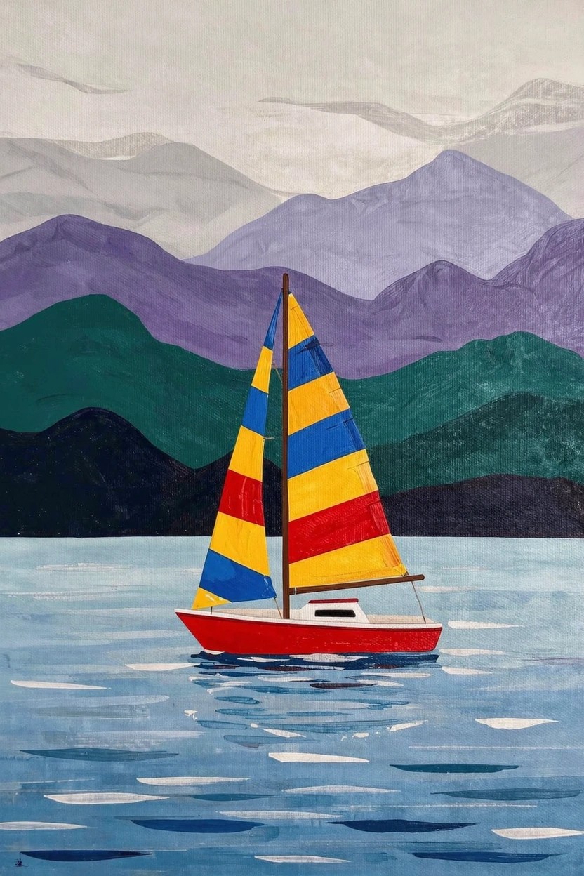 Acrylic painting of a red sailboat with yellow, red, and blue striped sails on a blue lake with layered purple, green, and gray mountains in the background.