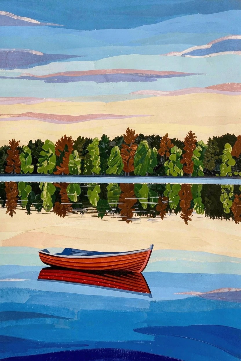 Acrylic painting of a red rowboat on a reflective lake with autumn trees and a colorful sunset sky in layered color blocks.
